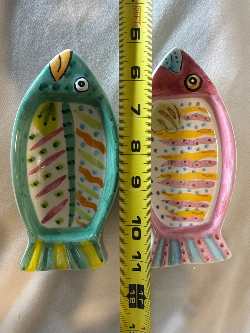 Green and Pink Fish Ceramic Dish Bowl Saucer pet feeder soap dish SET OF TWO